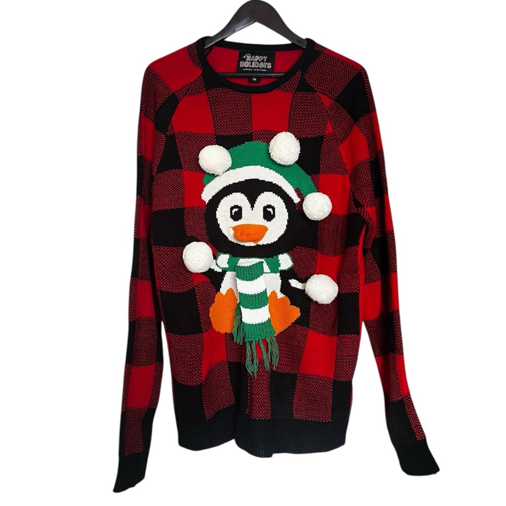 Christmas Penguin Black, Red, Green & White Women’s Pullover Sweater- Size XL
